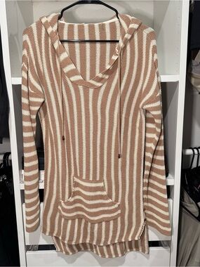 Free People Striped Hooded Tunic Sweater in Beige and White